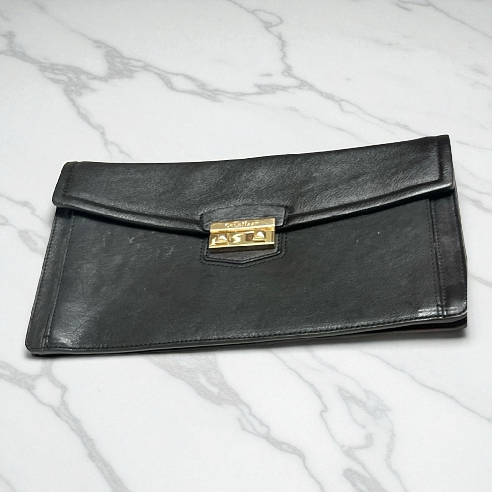Cole Haan Black Leather Flap Clutch with Gold Clasp